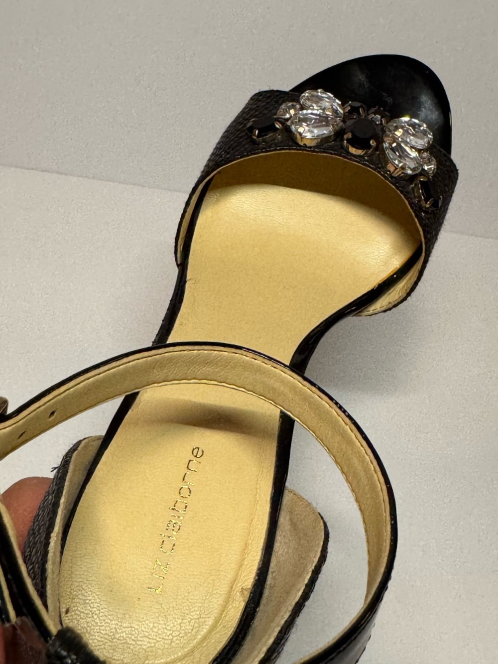 Liz Claiborne Black Embellished Ankle Strap Heels Woven 7.5 Rhinestone Sandals - Picture 10 of 13